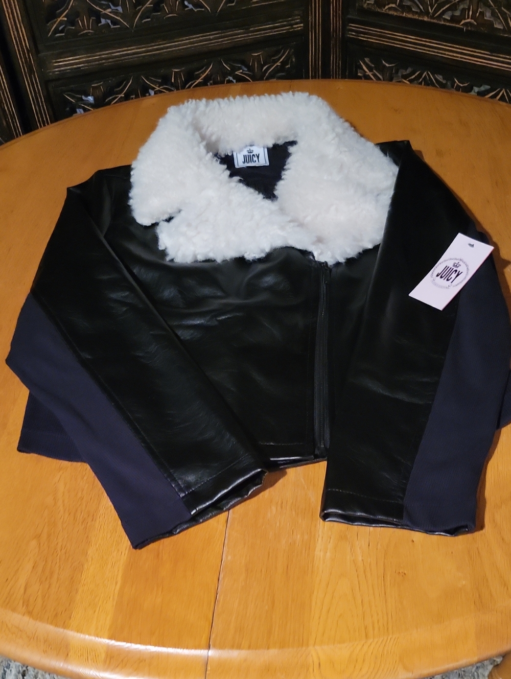 Juicy Couture Black Faux Leather Jacket with White Faux Fur Collar